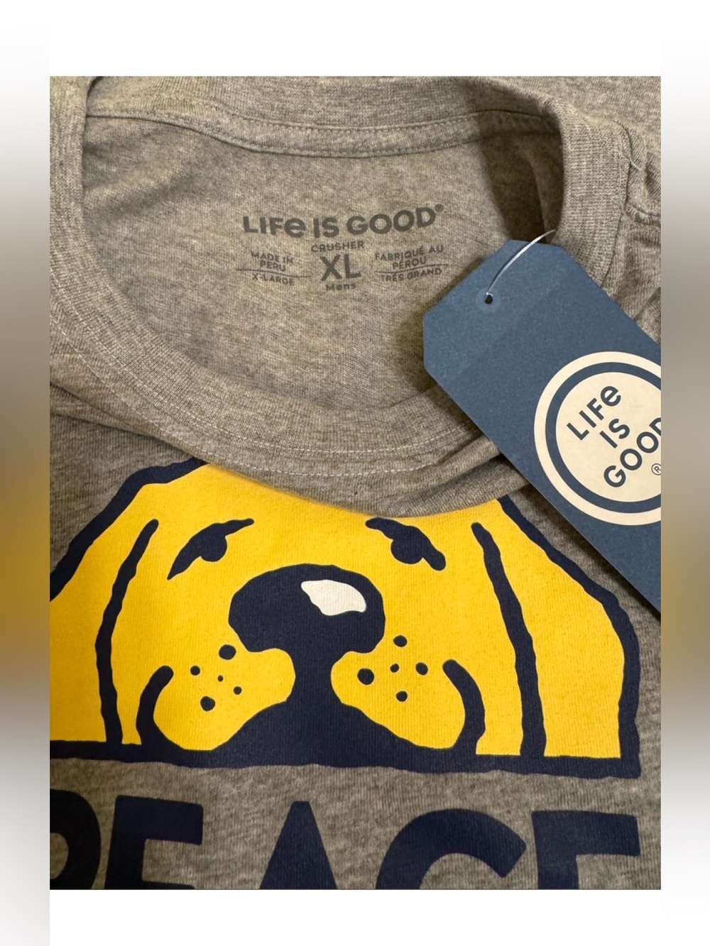 Life is Good Men's Gray Tee with Yellow & Navy Dog Graphic Size XL NWT